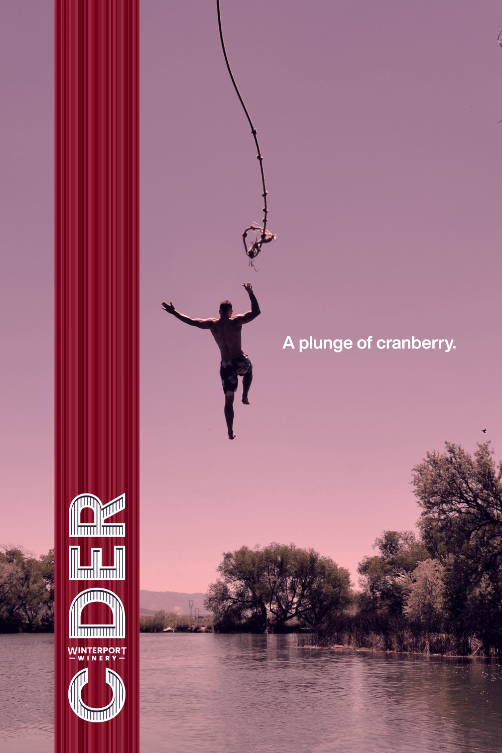 A person jumping from a height into a body of water, surrounded by trees, against a pink sky, with the text "A plunge of cranberry" prominently displayed on the left.