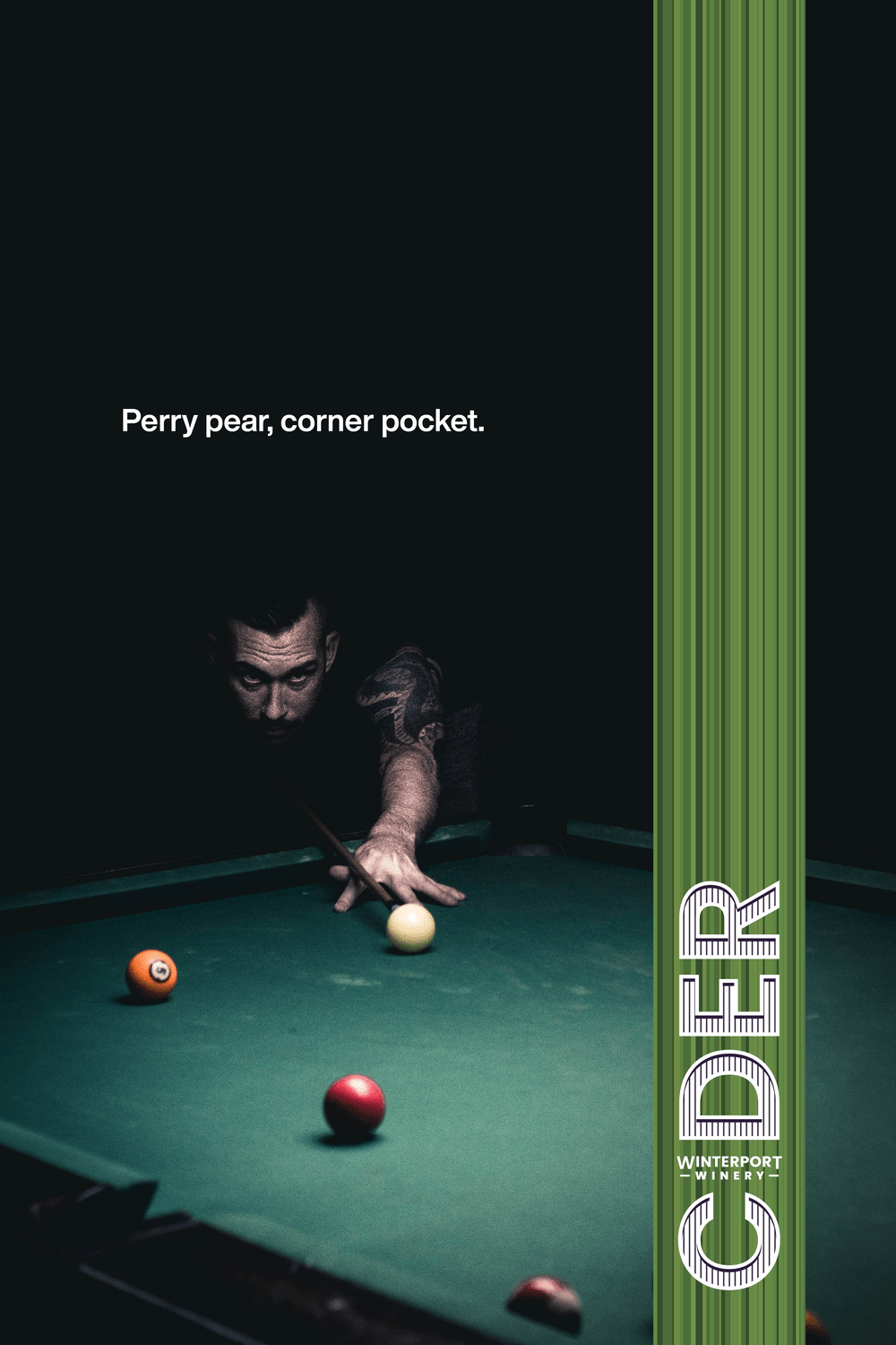A focused player aiming at a corner pocket on a green billiards table, with three colored balls positioned nearby. The atmosphere is dimly lit, emphasizing the player's concentration and skill in pool.
