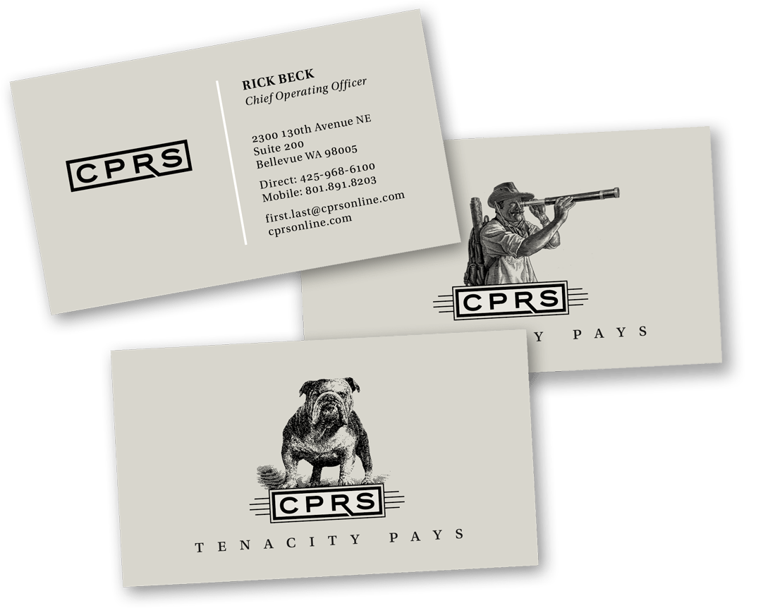 Business cards featuring a dog and a hunter illustration, showcasing the brand "GPRS" with the tagline "Tenacity Pays." Contact information and services listed on the cards.