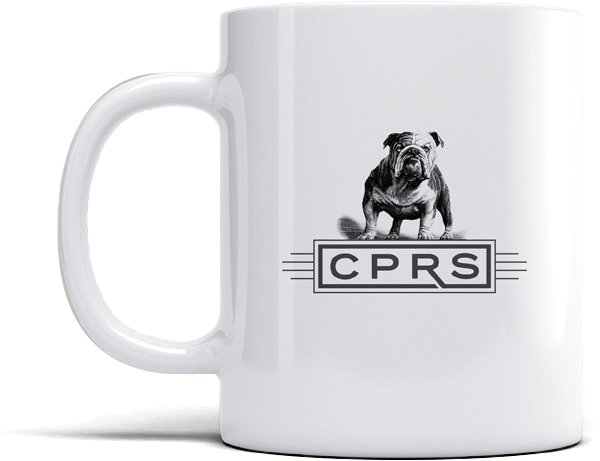 White ceramic mug featuring a black and white illustration of a bulldog alongside the text "CPRS," ideal for dog lovers and pet enthusiasts.