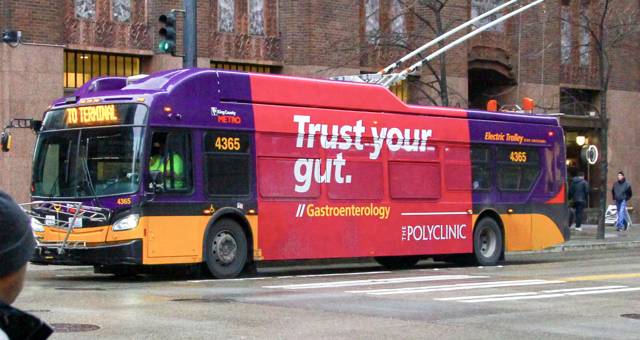 Seattle Metro bus 4365 displaying "TO TERMINAL" route sign, featuring an advertisement for gastroenterology services with the slogan "Trust your gut." The bus is part of the electric trolley fleet, captured on a city street with pedestrians nearby.