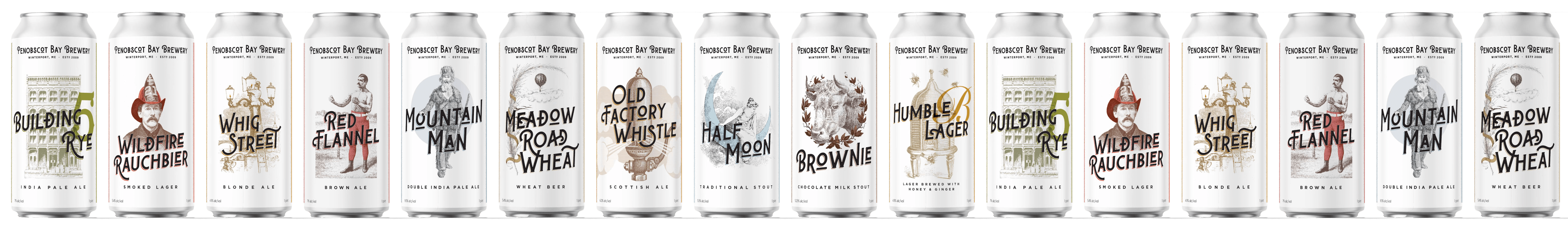 Four craft beer cans from Penobscot Bay Brewery featuring unique designs: "Pale Ale," "Half Moon" traditional stout, and "Brownie" chocolate milk stout. Each can showcases distinct artwork and branding, highlighting the brewery's offerings.