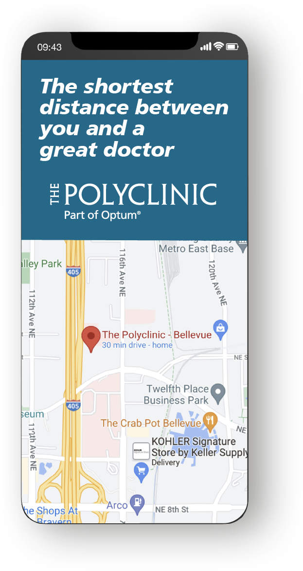 Map showing the location of The Polyclinic, part of Optum, with nearby landmarks and streets for easy navigation.