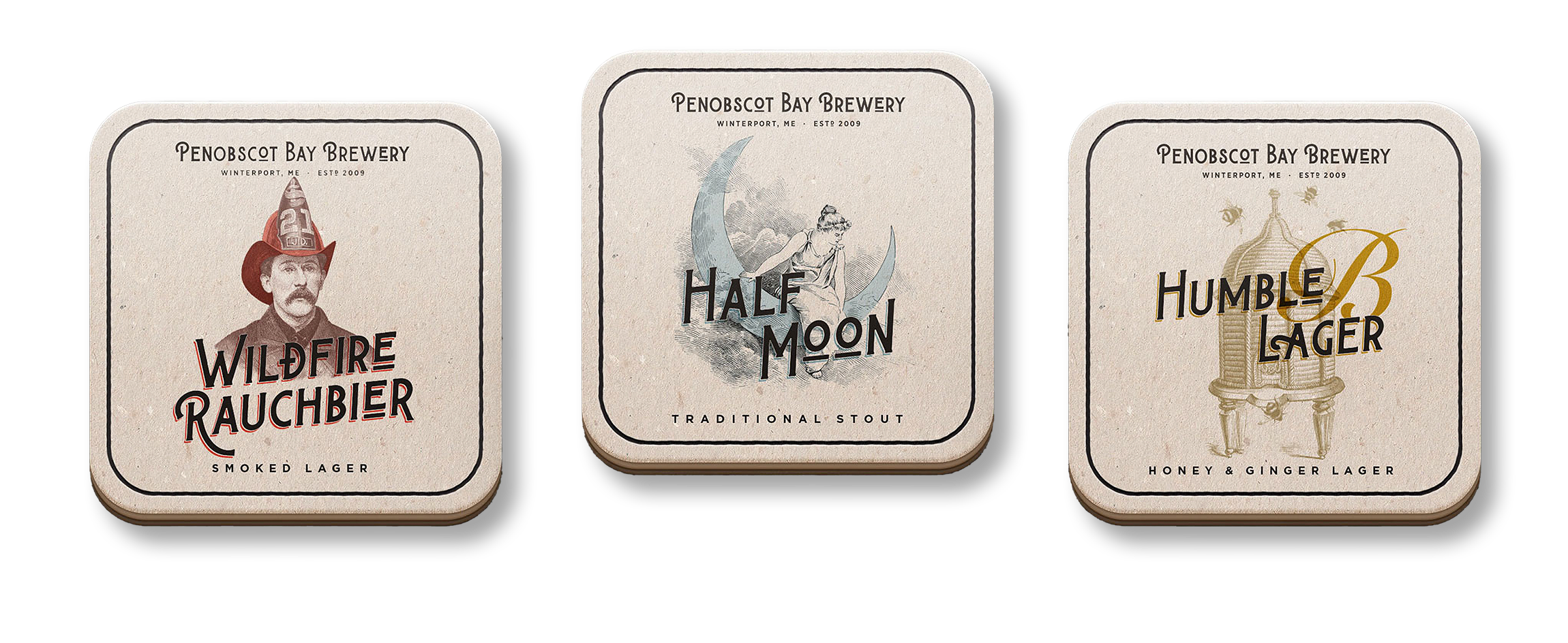 Coasters featuring three distinct beer labels from Penobscot Bay Brewery: Wildfire Rauchbier (Smoked Lager), Half Moon (Traditional Stout), and Humble Lager (Honey & Ginger Lager), showcasing unique graphics and vintage-style illustrations.