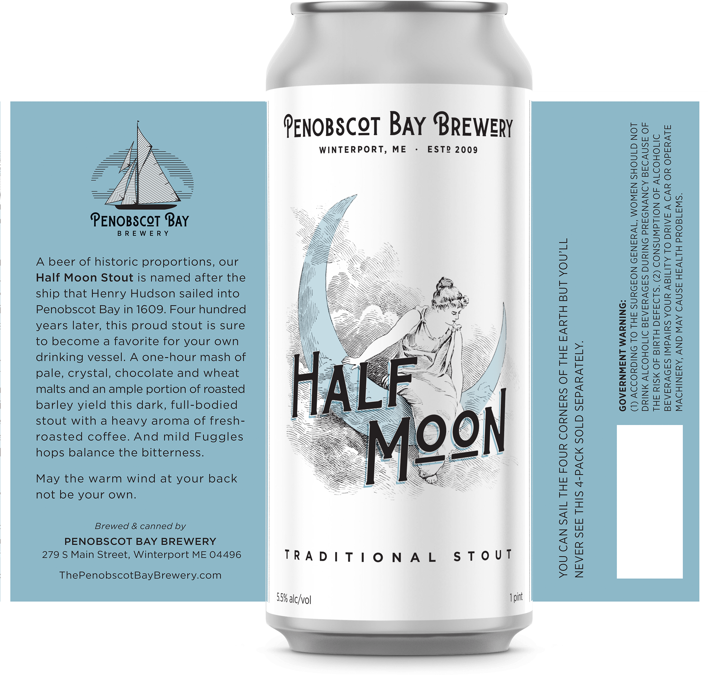 Half Moon Traditional Stout beer can design by Pincnocott Bay Brewery, featuring a moon graphic and detailed label. The can showcases the brewery's logo and provides information about the stout's flavor profile and brewing process.