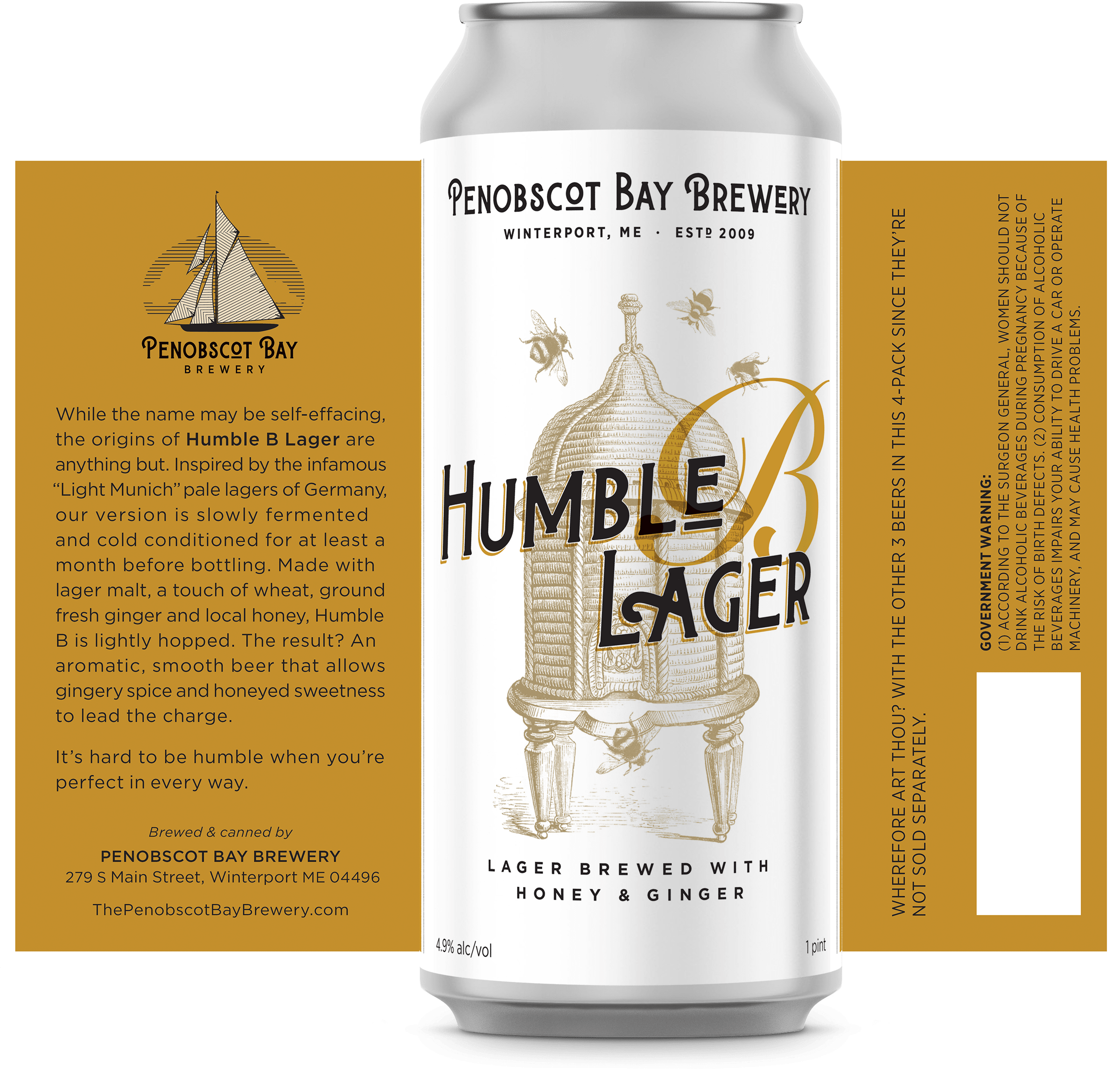 Alt text: Can of Humble B Lager from Penobscot Bay Brewery, featuring a design with the brewery's logo, a detailed illustration of a honeycomb structure, and text highlighting its ingredients: lager brewed with honey and ginger. The label includes brewing information and a warning about alcohol consumption.