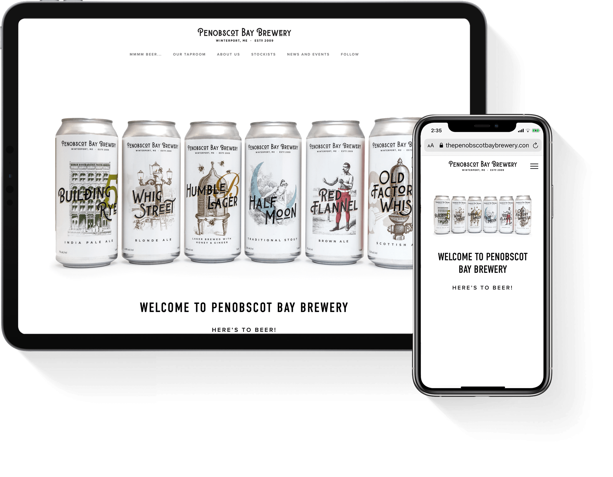 Image of a tablet and smartphone displaying the website of Pindar Bay Brewery, featuring a lineup of beer cans. The design highlights the brewery's branding and product offerings.