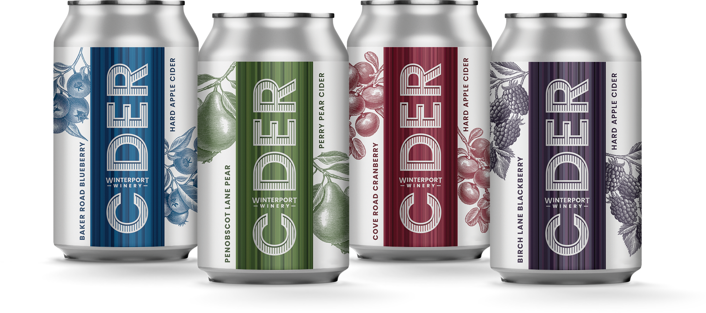 Cans of assorted flavored ciders including pear, cranberry, and apple, featuring vibrant labels with fruit illustrations and the word "CIDER" prominently displayed.