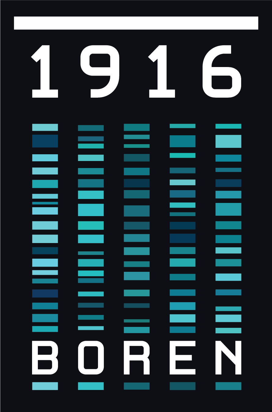 Graphic design featuring the year "1916" and the word "BOREN" in a modern, stylized font with a dark background and vertical lines in varying shades of blue and teal.