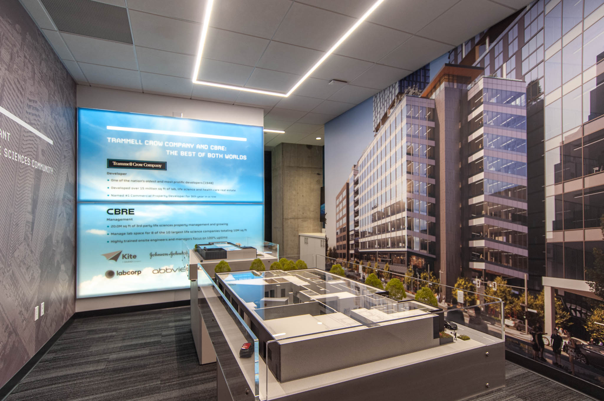 Modern real estate showroom featuring a detailed architectural model, digital displays, and a large mural of a contemporary building design.