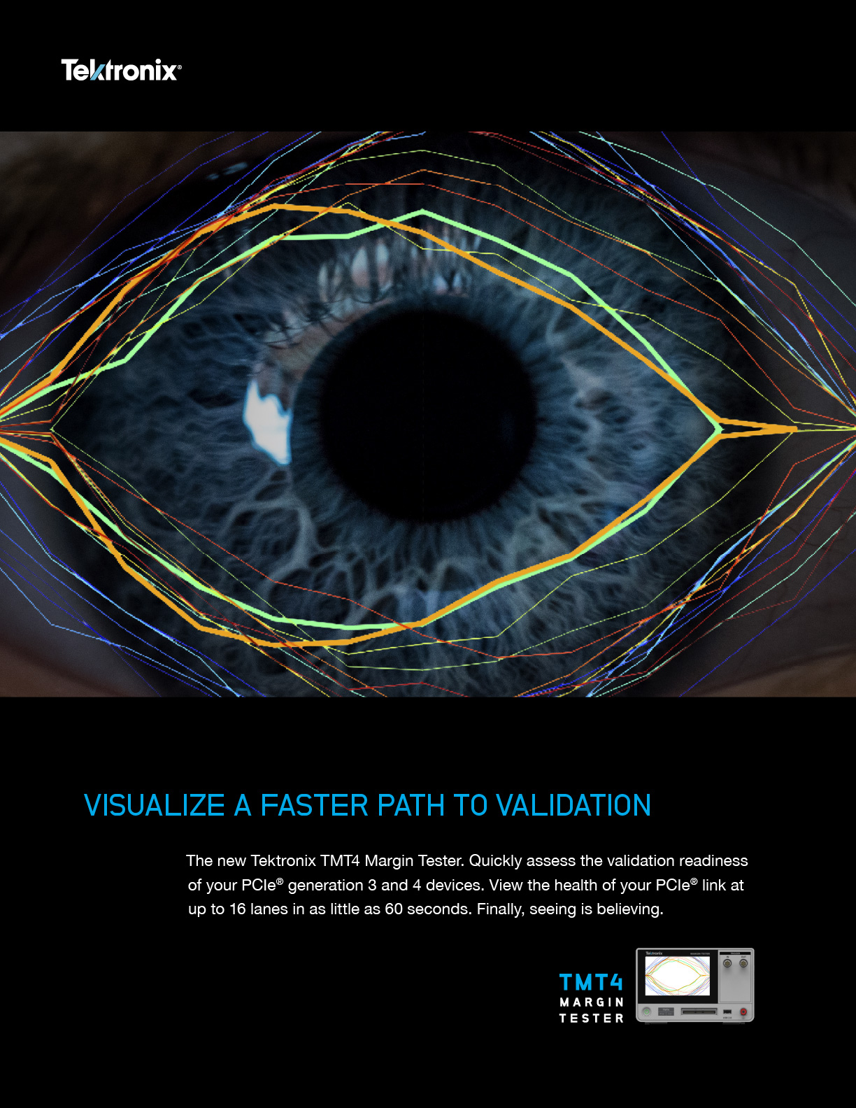 Close-up of a human eye with vibrant colors and graphic elements representing data visualization and analytics, emphasizing a faster path to validation in decision-making processes.