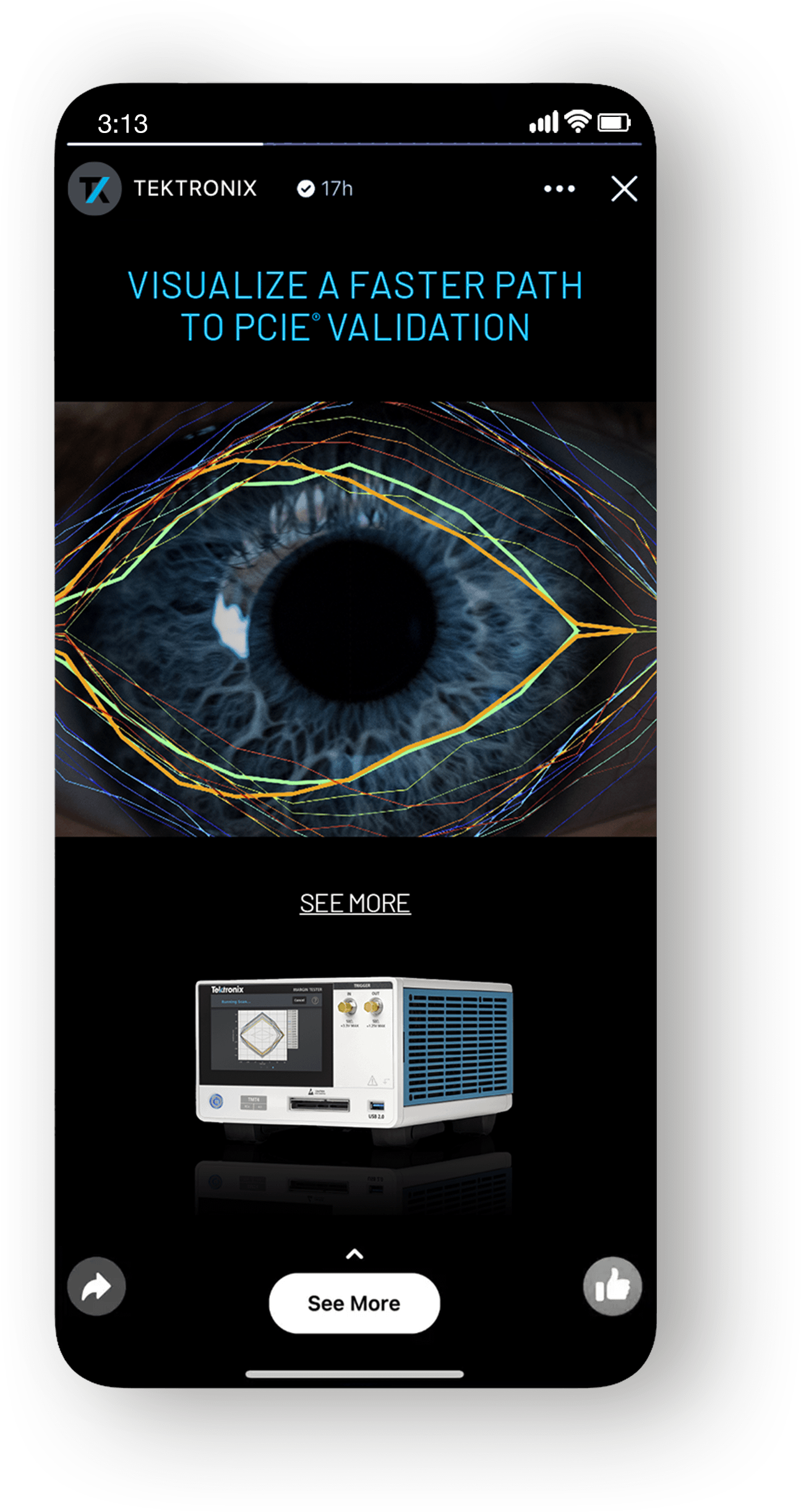 Close-up of a human eye with colorful data visualization lines, promoting Tektronix solutions for faster PCIe validation, featuring a Tektronix signal analysis device below.