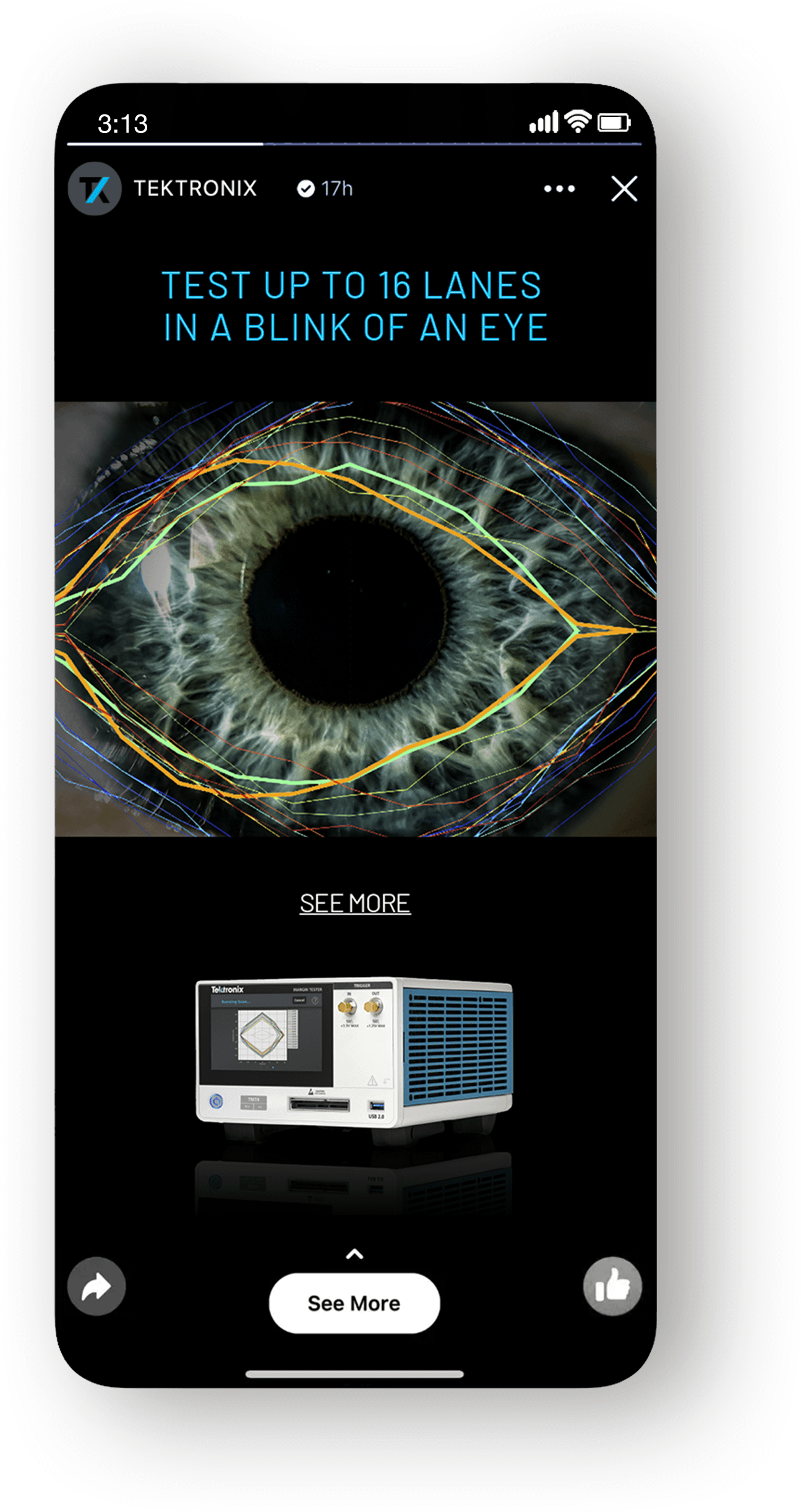 Close-up image of a human eye with intricate details and colorful lines overlaying the iris, accompanied by a medical device below labeled "SEE MORE."