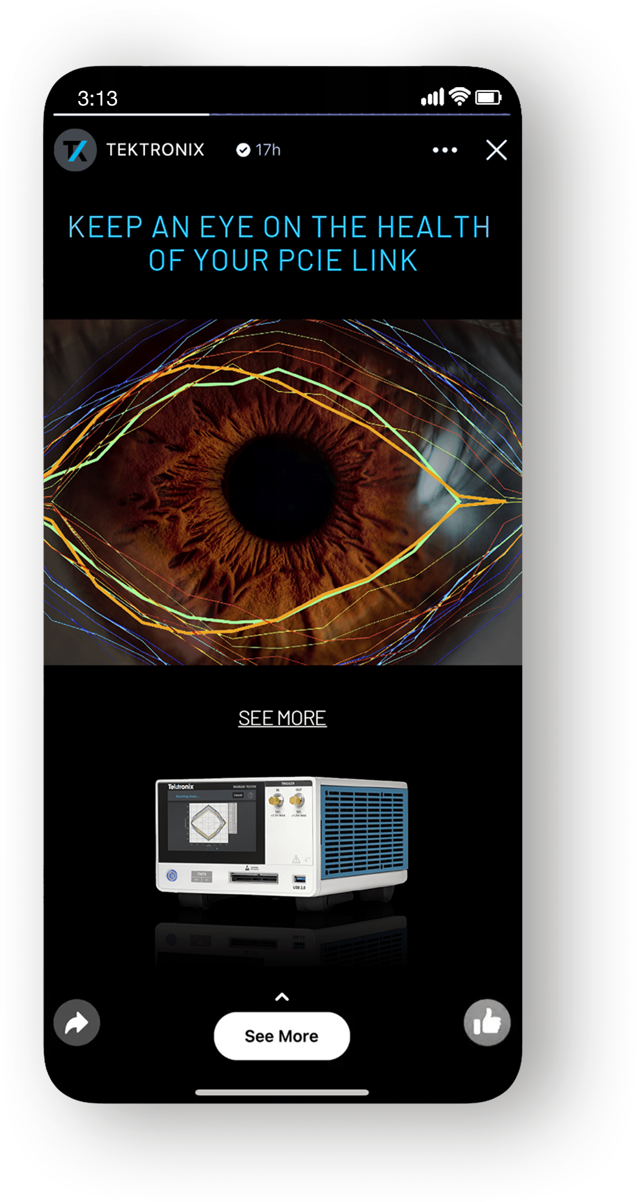 Close-up image of a human eye with intricate details and colorful light patterns, accompanied by a medical device designed for eye examinations, emphasizing advanced optical technology.