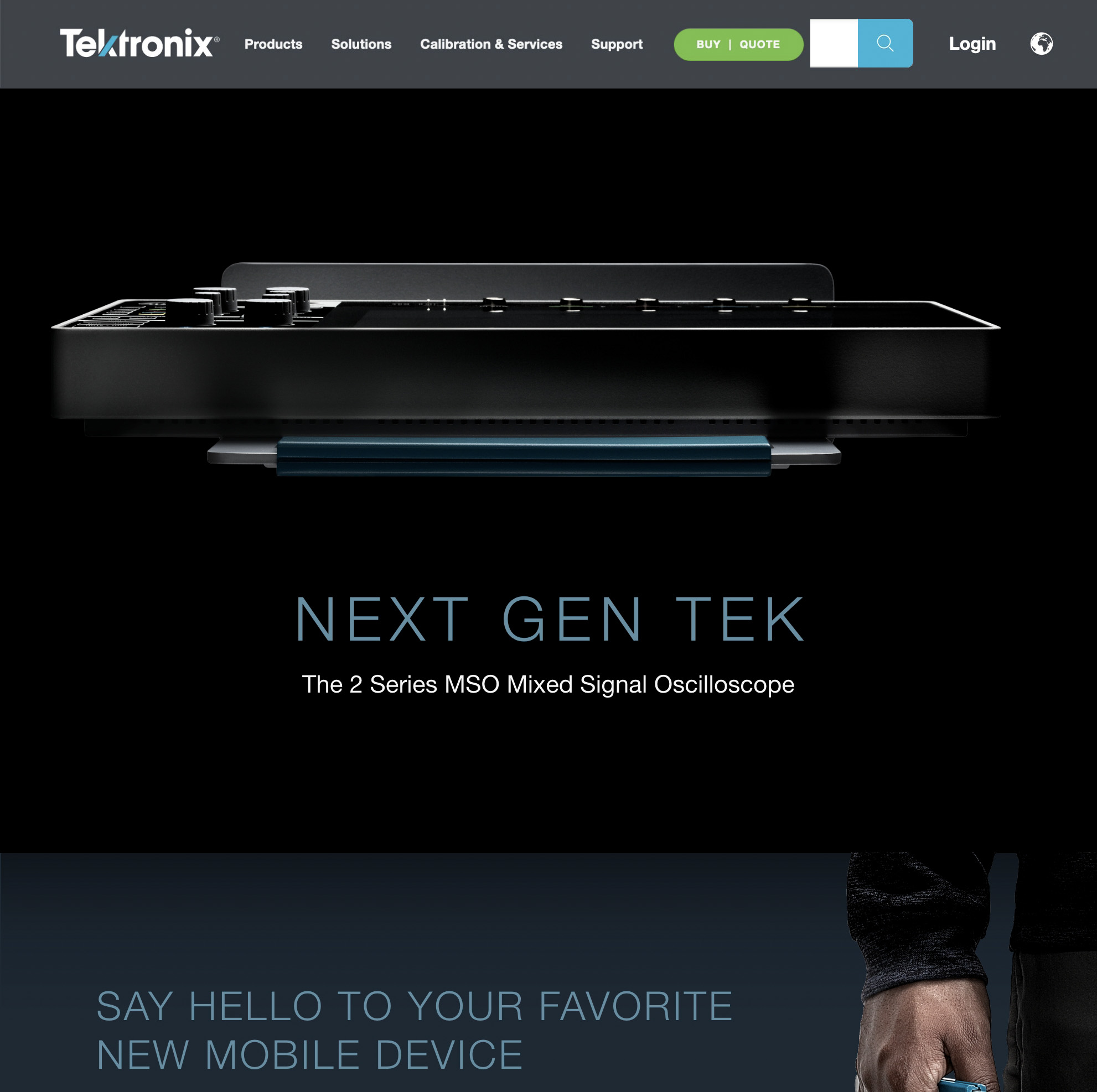Next-gen mobile device showcased on Tektronix website, featuring advanced technology and sleek design.
