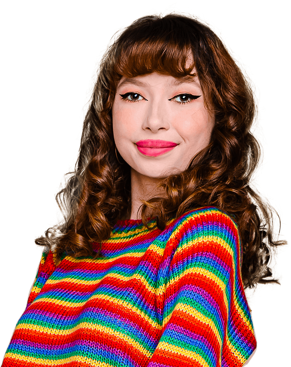Smiling young woman with curly hair wearing a colorful rainbow striped sweater against a transparent background.