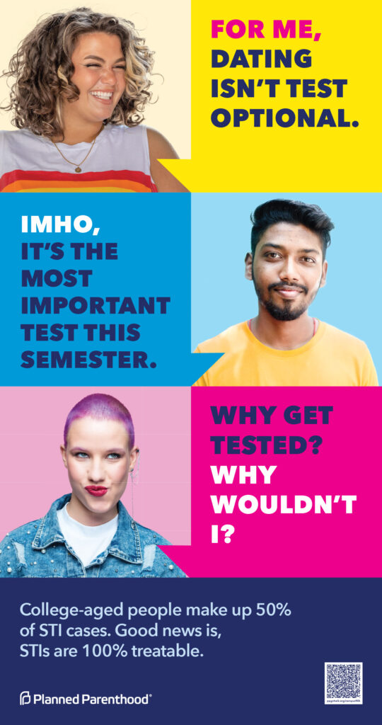 Two diverse young adults with vibrant hairstyles and clothing express the importance of health testing. The top section features a male with dark hair in a yellow shirt, while the bottom shows a female with a short pink haircut. Bold text highlights the significance of health testing for students.