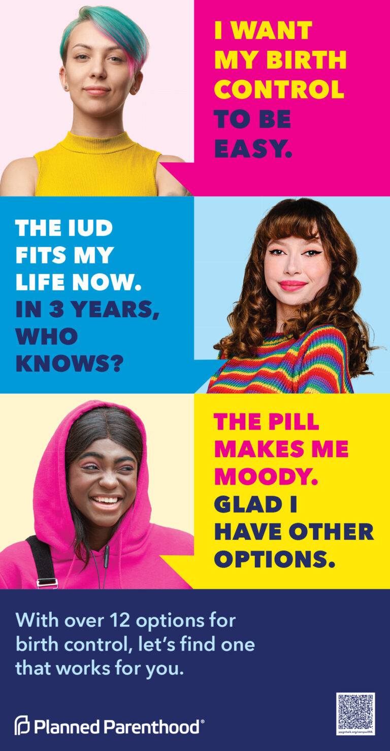 Image featuring diverse individuals discussing birth control options, including an IUD and the pill, with colorful backgrounds and text highlighting personal experiences and choices related to contraception.