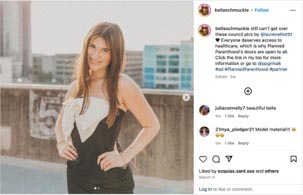 Young woman in a stylish black and white dress posing confidently on a rooftop with a city skyline in the background, promoting access to healthcare and Planned Parenthood.