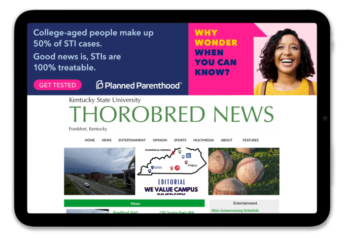 Tablet displaying the Kentucky State University Thorobred News website, featuring a health awareness advertisement from Planned Parenthood about STIs and the importance of getting tested.