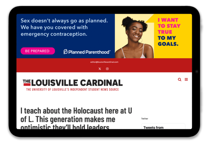 Screenshot of the Louisville Cardinal website featuring an article about teaching the Holocaust at the University of Louisville, along with an advertisement for Planned Parenthood promoting emergency contraception.