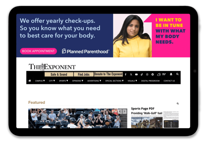 Screenshot of The Exponent website featuring a banner advertisement for Planned Parenthood, promoting health check-ups and care services. The site showcases a sports news section with images of a sports event.