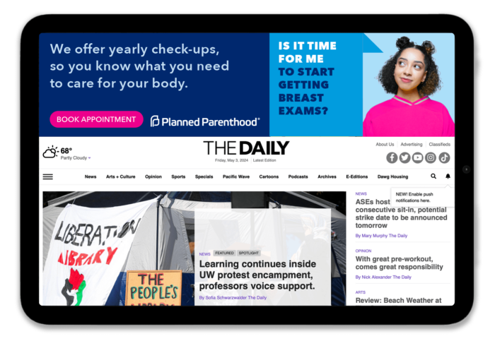 Tablet displaying the website "The Daily," featuring news articles and advertisements for Planned Parenthood services, including yearly check-ups and breast exam reminders.