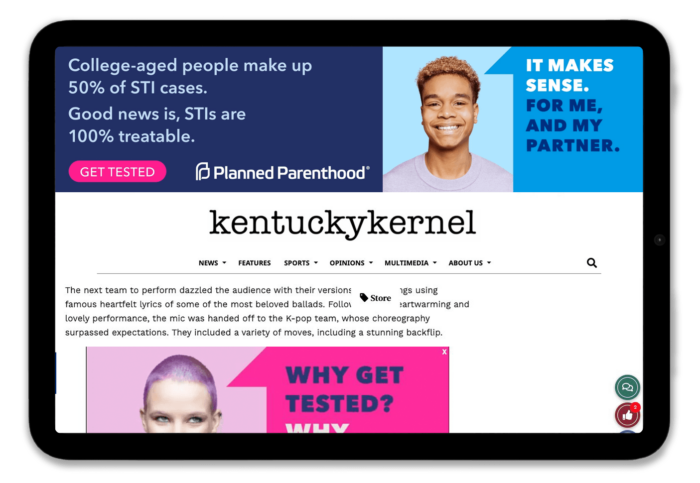 Image of a tablet displaying the Kentucky Kernel website, featuring a Planned Parenthood advertisement emphasizing that college-aged individuals account for 50% of STI cases and that STIs are treatable. The ad encourages viewers to get tested.
