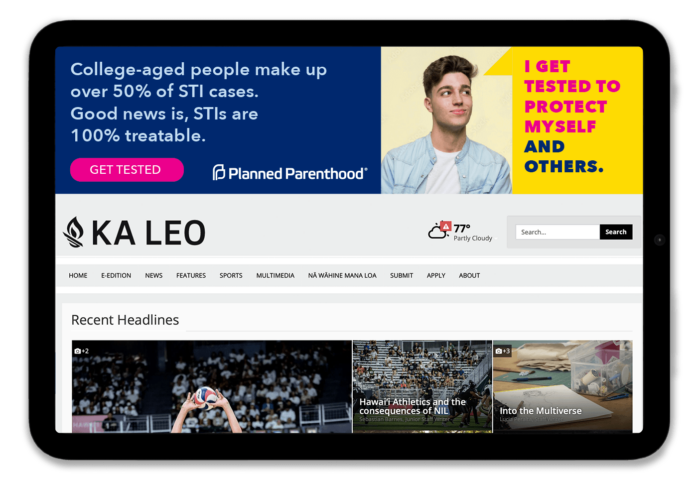 Website homepage of LA Leo featuring a public health advertisement by Planned Parenthood, emphasizing the importance of STI testing for young adults. The banner includes a young man promoting awareness and protection against STIs.