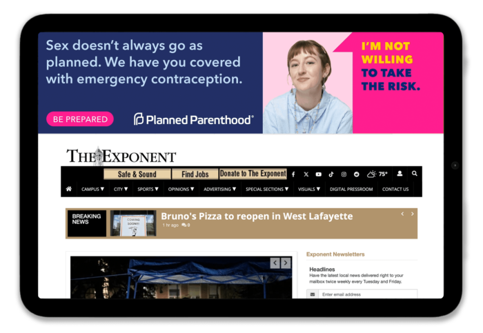 A tablet displaying an online article from The Exponent featuring an advertisement for Planned Parenthood, emphasizing the availability of emergency contraception with a message about sexual health and preparedness.