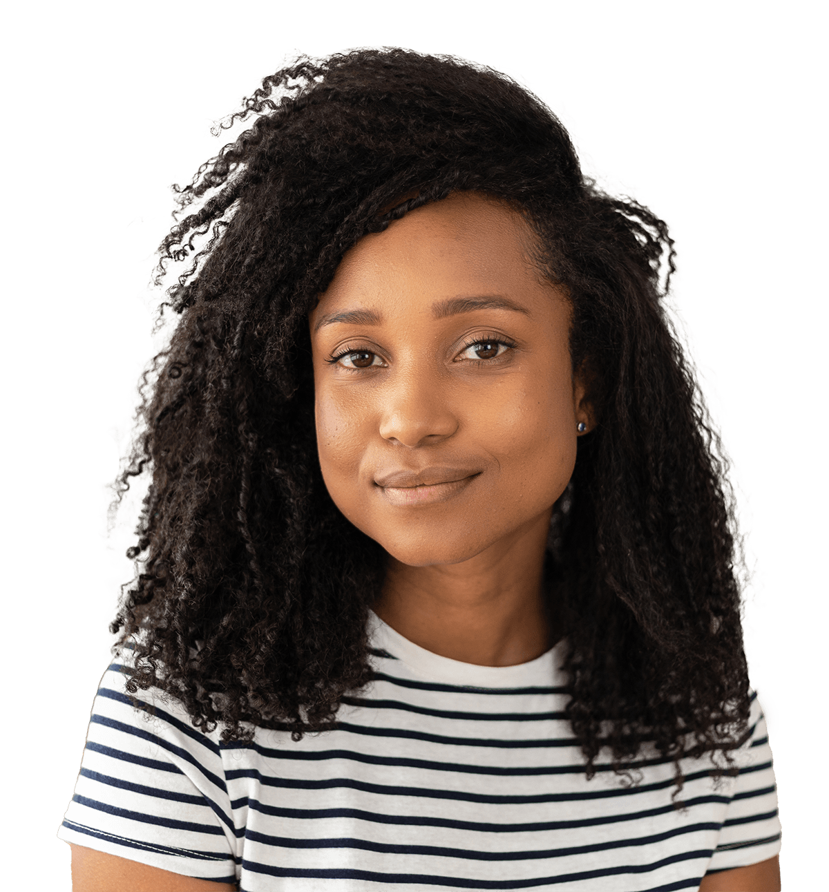 Portrait of a woman with curly hair wearing a striped shirt, looking directly at the camera with a neutral expression, against a solid black background.