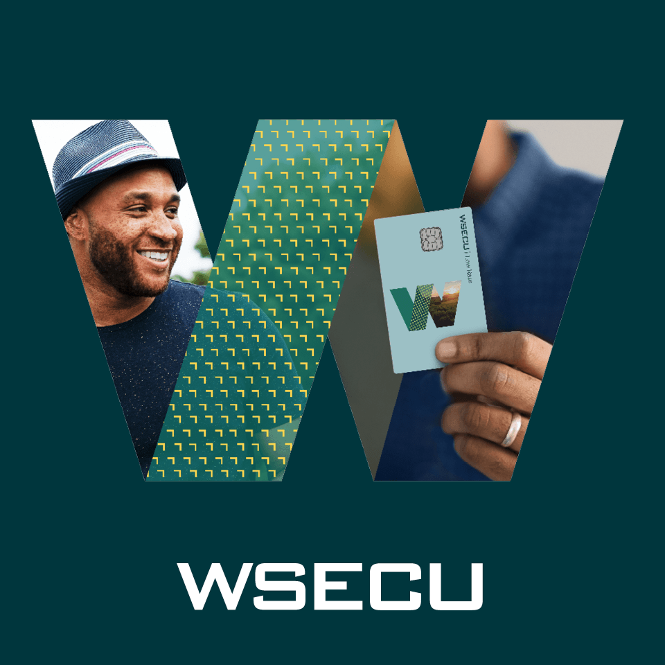 WSECU logo featuring a smiling man wearing a hat, holding a WSECU card, and a patterned background, representing community-focused financial services.