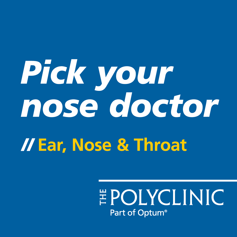 Graphic promoting ear, nose, and throat services at The Polyclinic, encouraging patients to choose their nose doctor.