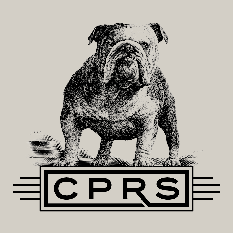 Illustration of a strong bulldog standing confidently above the letters "CPRS," featuring a vintage design style with intricate detailing and a neutral background. Ideal for pet lovers and branding related to canine culture.
