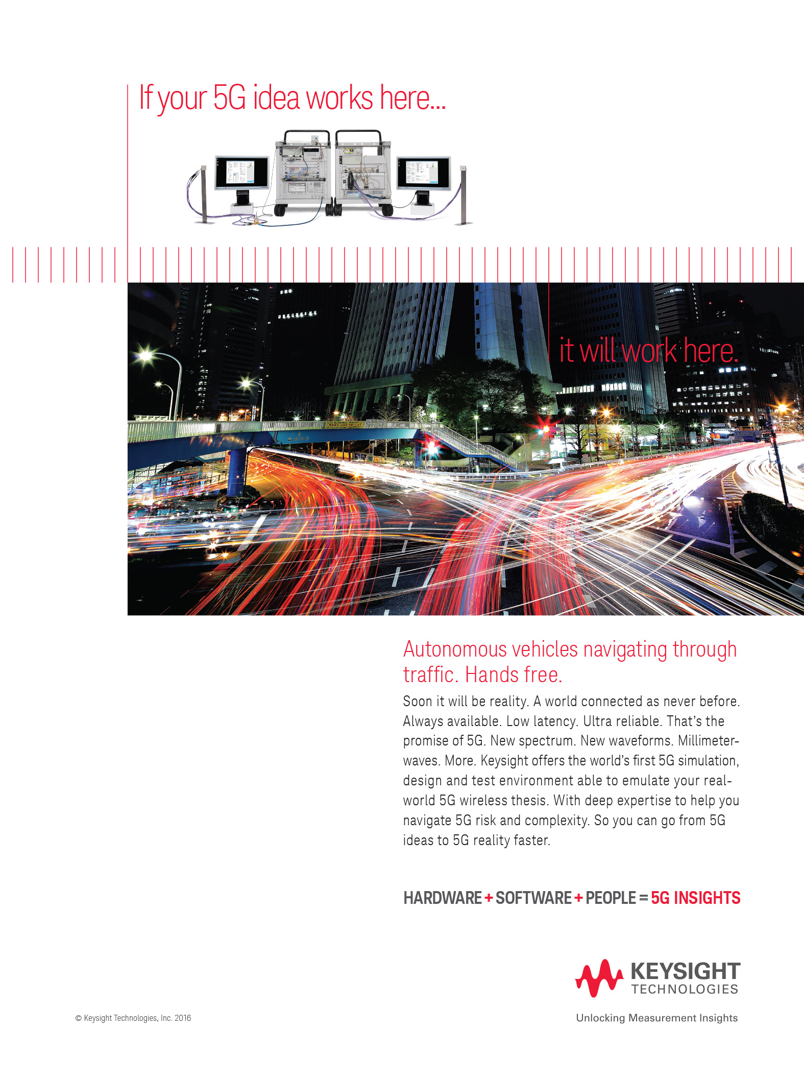 Image showcasing advanced 5G technology for autonomous vehicles navigating urban traffic. The graphic highlights the promise of low-latency, ultra-reliable connectivity, emphasizing the importance of 5G simulation and design in real-world applications.