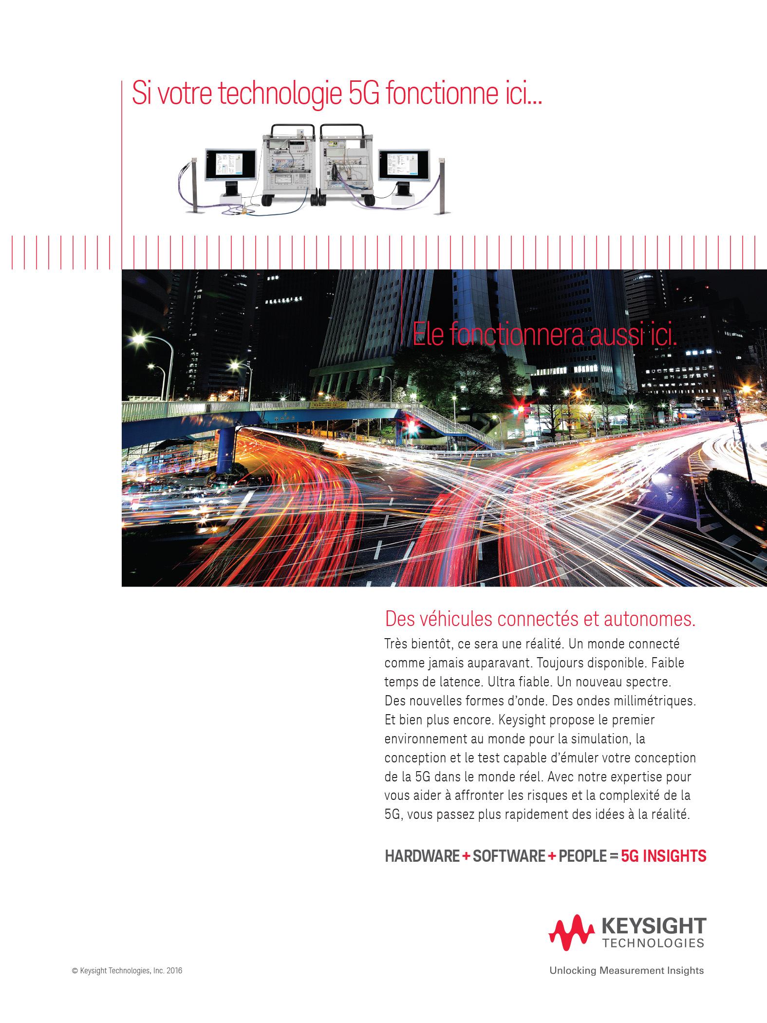 Image of a high-tech setup showcasing connected and autonomous vehicles in an urban environment at night. The scene features illuminated city streets, demonstrating advanced technology integration for real-time data processing and communication. The text highlights the role of Keysight in developing 5G solutions for enhanced vehicle connectivity and simulation.