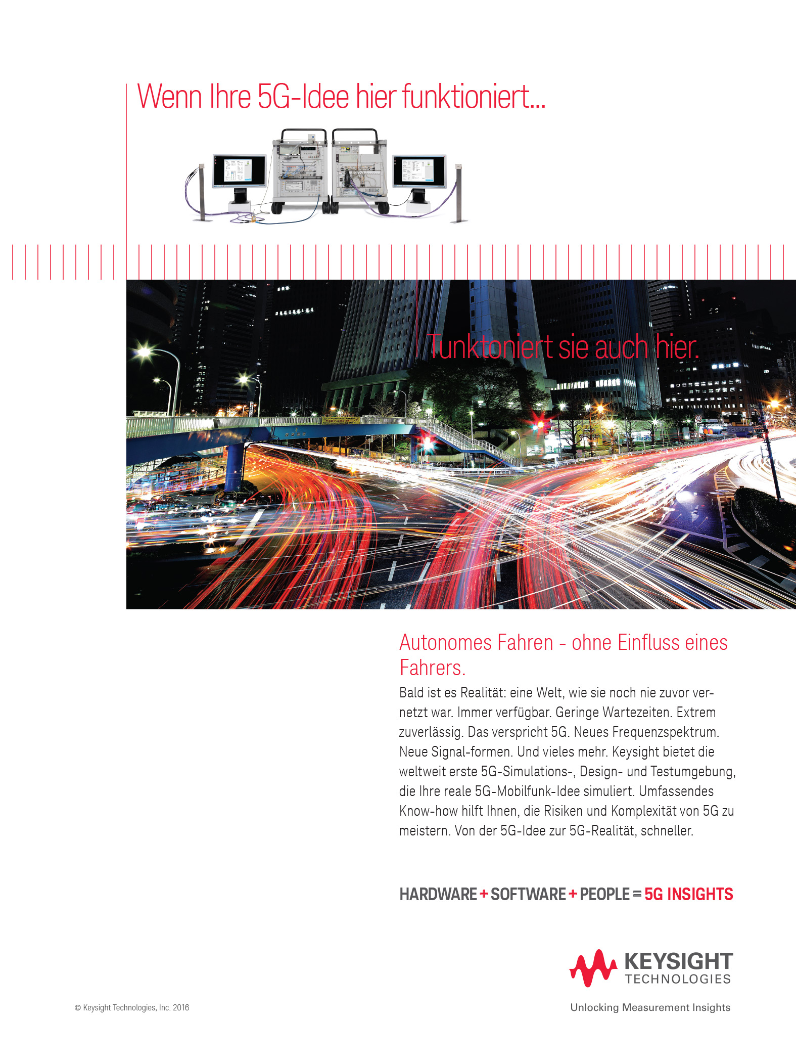 Image depicting advanced 5G technology testing equipment by Keysight Technologies, showcasing a cityscape with light trails indicating high-speed connectivity. The image emphasizes the future of autonomous driving without driver influence, highlighting the importance of reliable 5G networks for innovative ideas and solutions.