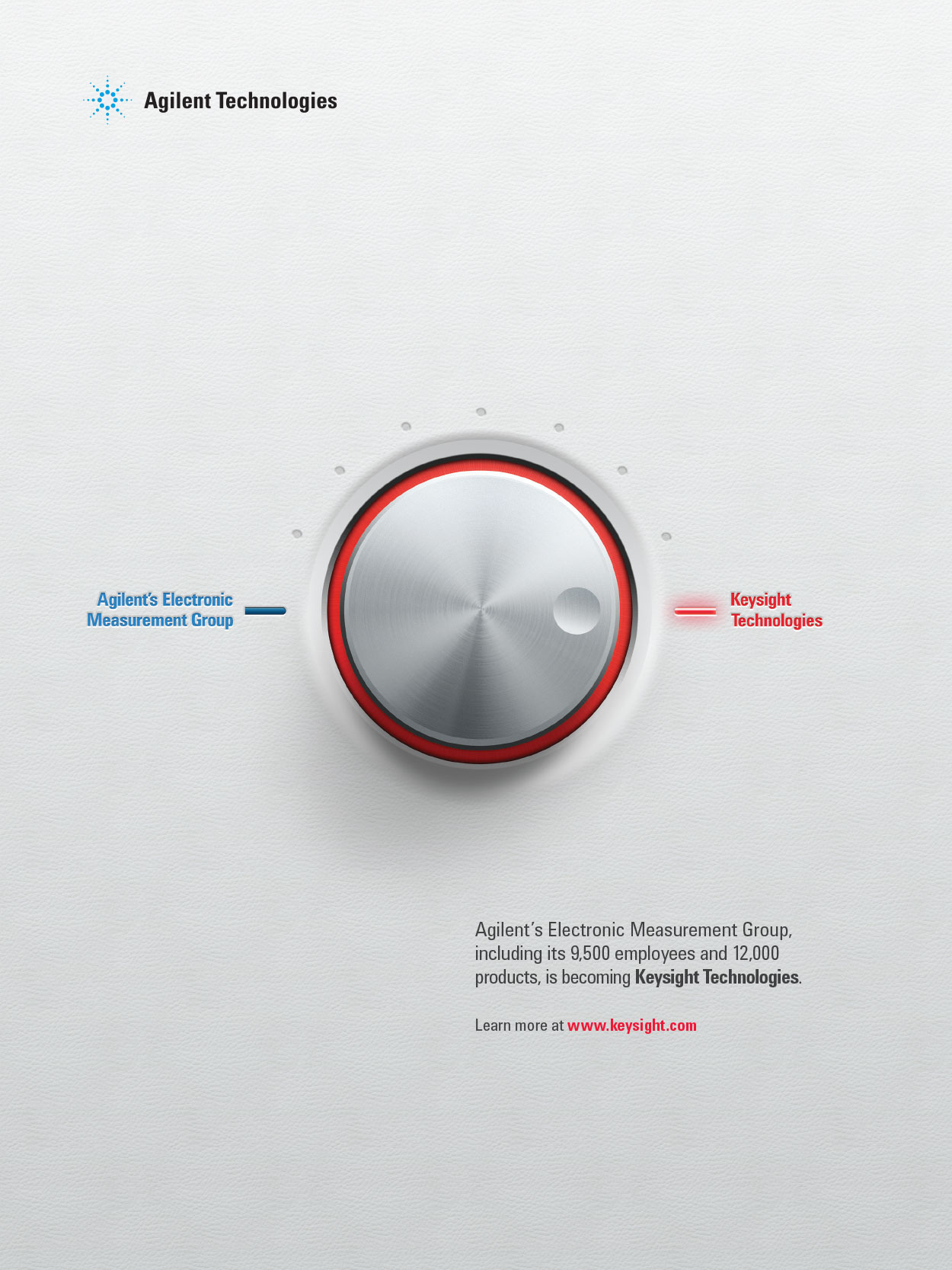 Agilent Technologies logo with a transition graphic representing the rebranding of Agilent's Electronic Measurement Group to Keysight Technologies, emphasizing innovation and technology in electronic measurement solutions.