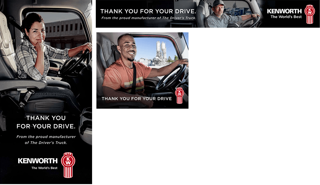 Image of three diverse truck drivers inside Kenworth trucks, showcasing the brand's appreciation for drivers. Each driver smiles while seated in the driver's seat, highlighting Kenworth's commitment to quality and comfort in their vehicles. The background features industrial elements, emphasizing the trucking environment.