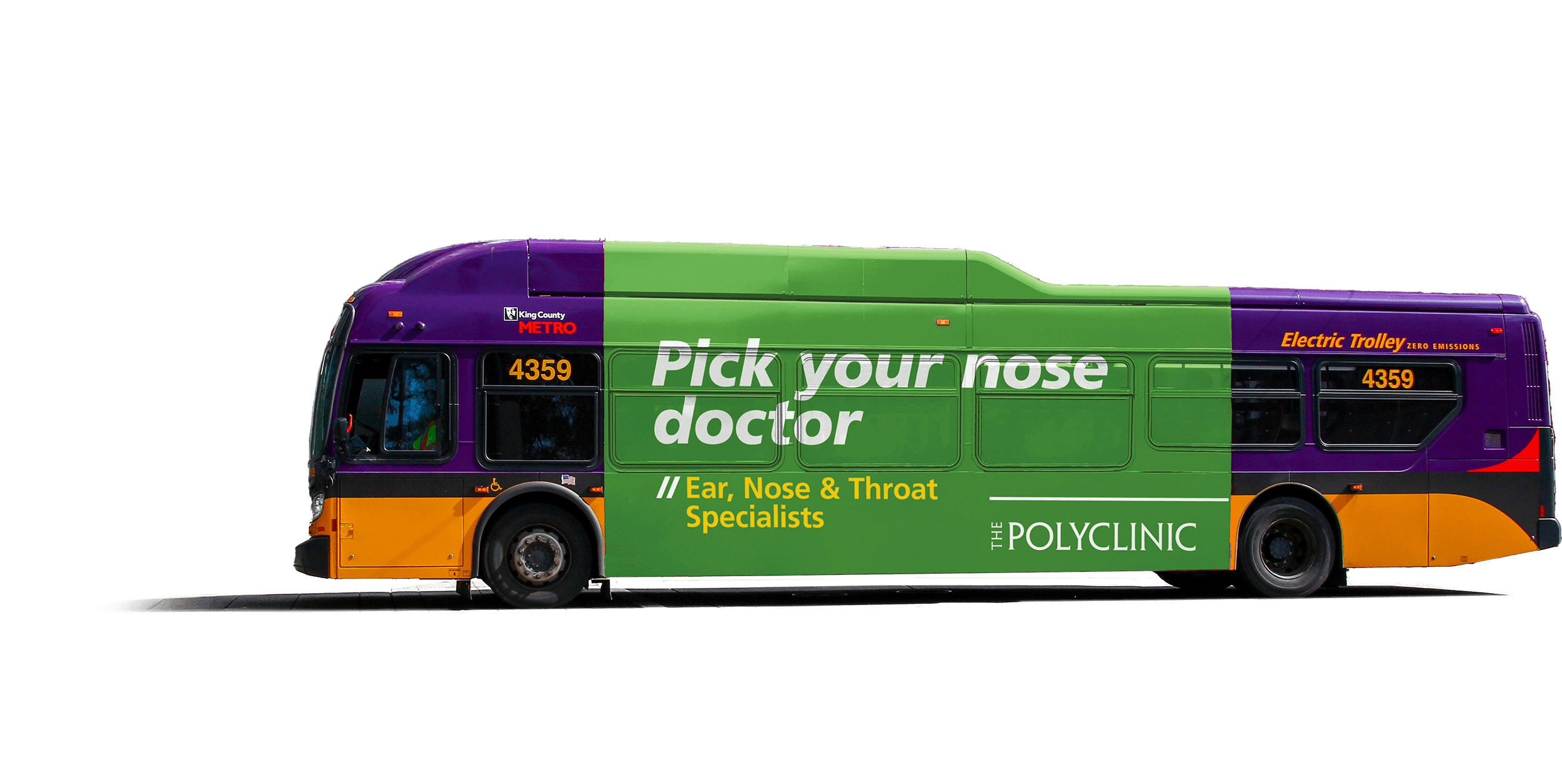 Side view of a colorful public transit bus featuring an advertisement for The Polyclinic, promoting ear, nose, and throat specialists with the phrase "Pick your nose doctor."