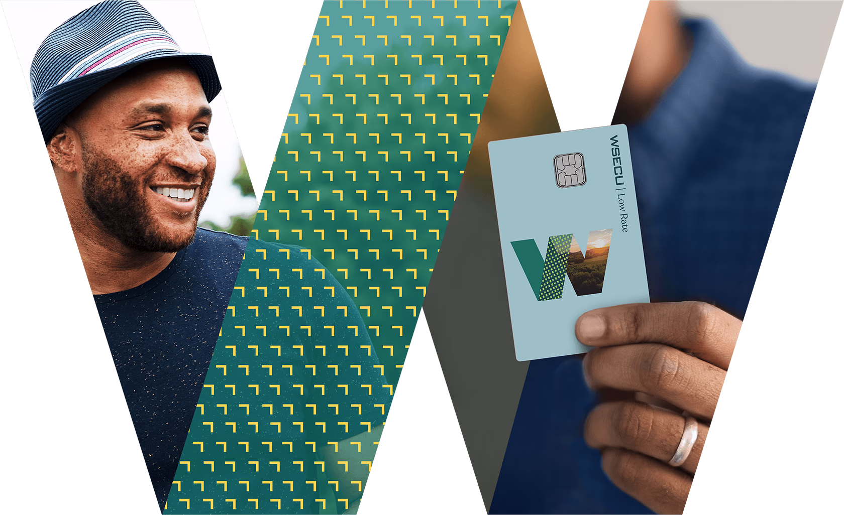 Smiling man holding a WISECU debit card, showcasing financial services and membership benefits, with a vibrant, patterned background.